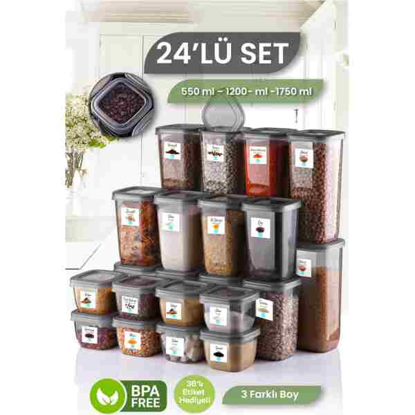 MYBOX 24'lü Set Etiketli Kare Erzak Saklama Kabı - Bakliyat Saklama Kutusu Baharatlık 8x(550-1200-1750 ML)