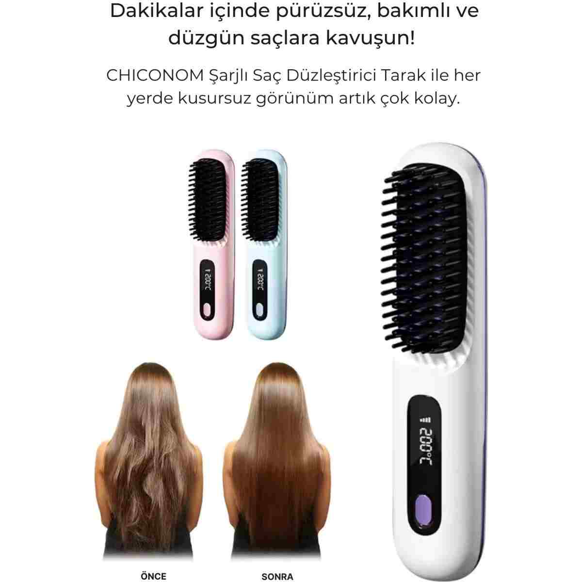 chiconom Onell Kablosuz Şarjlı Saç Düzleştirici Tarak LED Ekranlı Isı Ayarlı Taşınabilir Saç Tarağı - Görsel 4