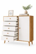 Kardelahome Kardela Premium Mdf Şifonyer 5 Çekmeceli Kapaklı Dolaplı Beyaz Atlantik Çam - Görsel 14