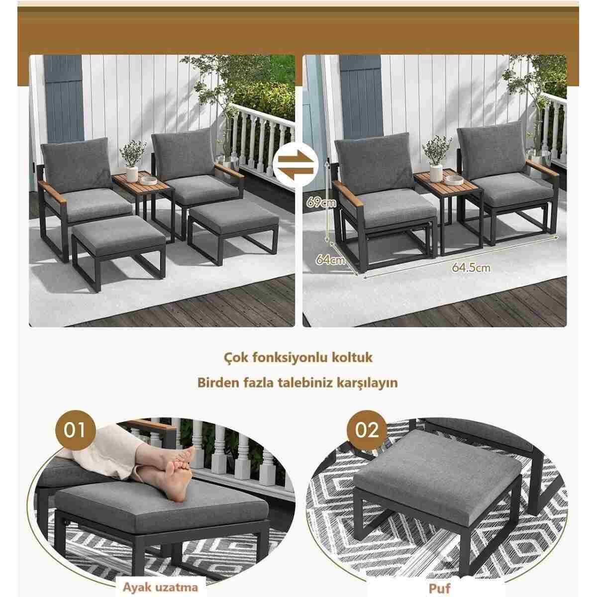 Kagu 5 Parça Metal Çerçeve Outdoor Multilounge Bahçe Balkon Mobilya,Uzanma - Görsel 8