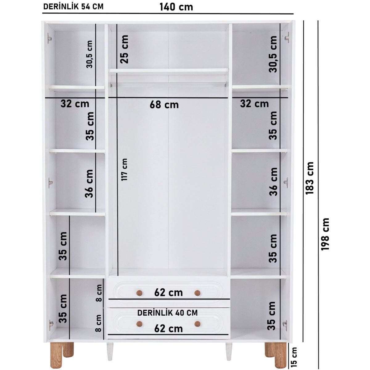 Kilim Mobilya Bohera Plus Aynalı Dört Kapaklı Dolap (MDF kapaklı, yüksek ayaklı, iki çekmeceli, 200cm yükseklikte) - Görsel 9