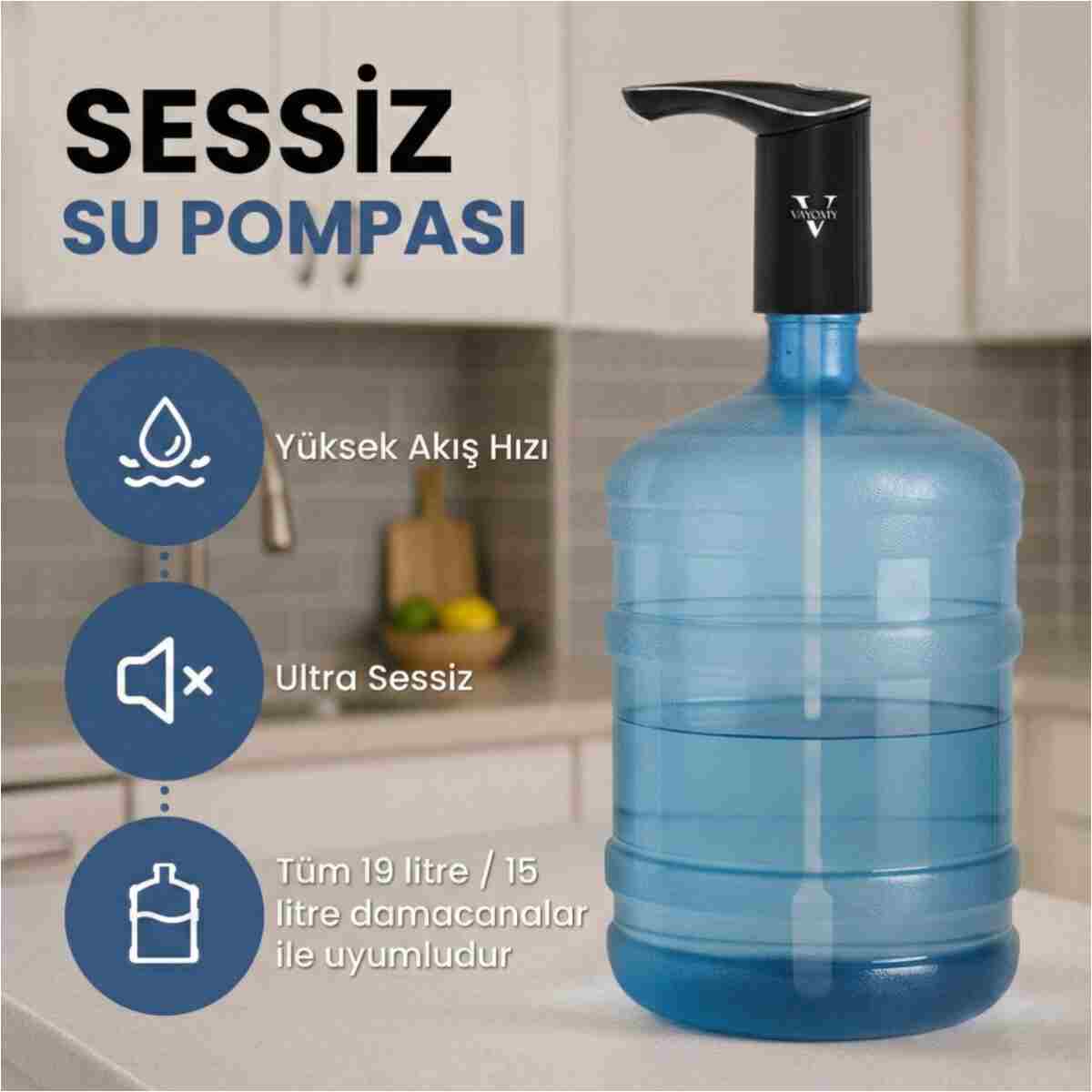 Vayomy SilentPro Sessiz Şarjlı Otomatik Damacana Su Pompası Dalgıç Motor Hızlı Dolum Çocuk Kilidi Bpa Free - Görsel 14