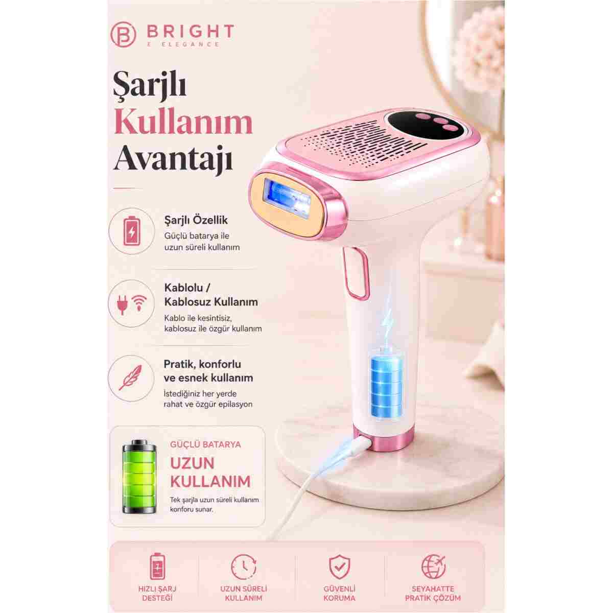 Bright Elegance BE-9088 Şarjlı Buz Başlık Ipl Lazer Epilasyon Cihazı 999.999 Atım 9 Kademe Otomatik Manuel - Görsel 2