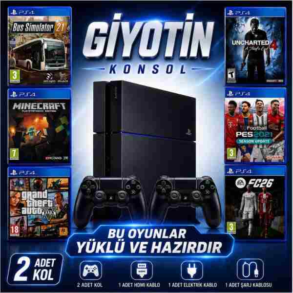 giyotin konsol PS4 500 GB FAT kasa 6 Oyunlu Ürün 2 Adet V2 Kol YENİLENMİŞ Cihaz Garantili
