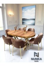 NUNKA HOME Arya Gold Line Serisi Cappuccino Renk +6 Sandalyeli Mdf Lak Panel Ceviz Renk Masa Takımı - Görsel 3