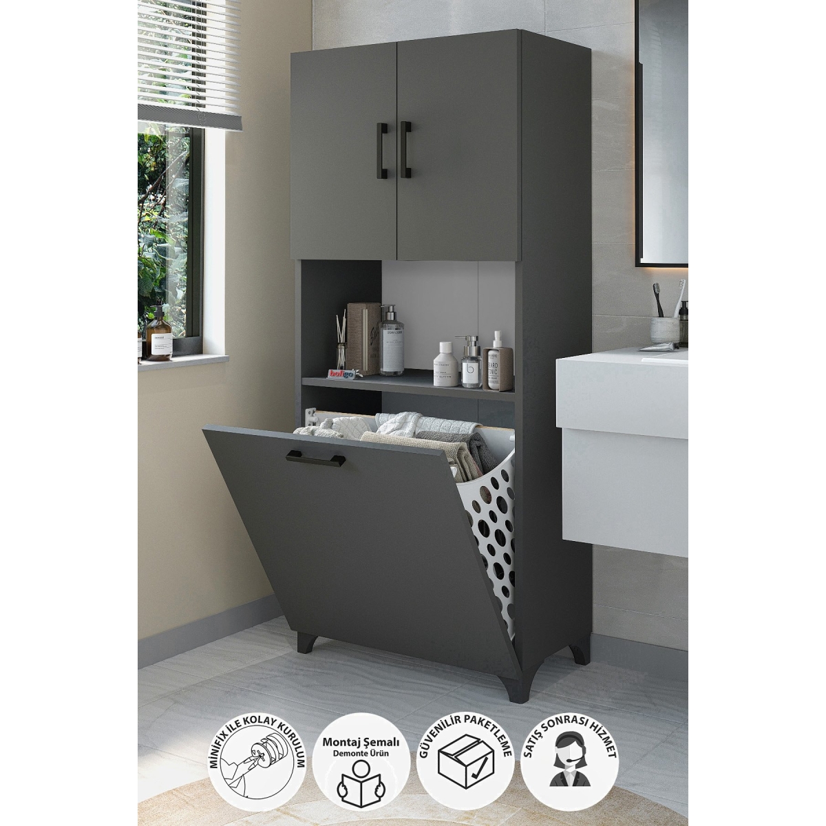 Bofigo Çok Amaçlı Dolap Banyo Dolabı Kirli Çamaşır Sepeti Dolabı Damla Beyaz - Görsel 8