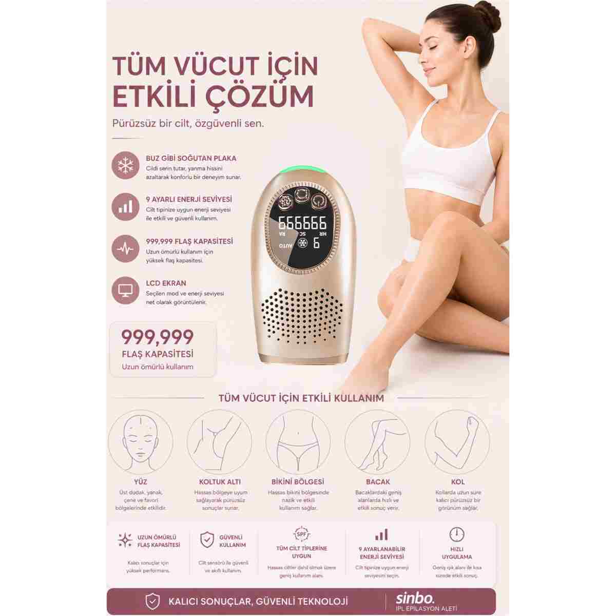 Sinbo SEL-6044 IPL Buz Lazer Epilasyon 999.999 Atım Otomatik/Manuel Dijital Ekran - Görsel 5