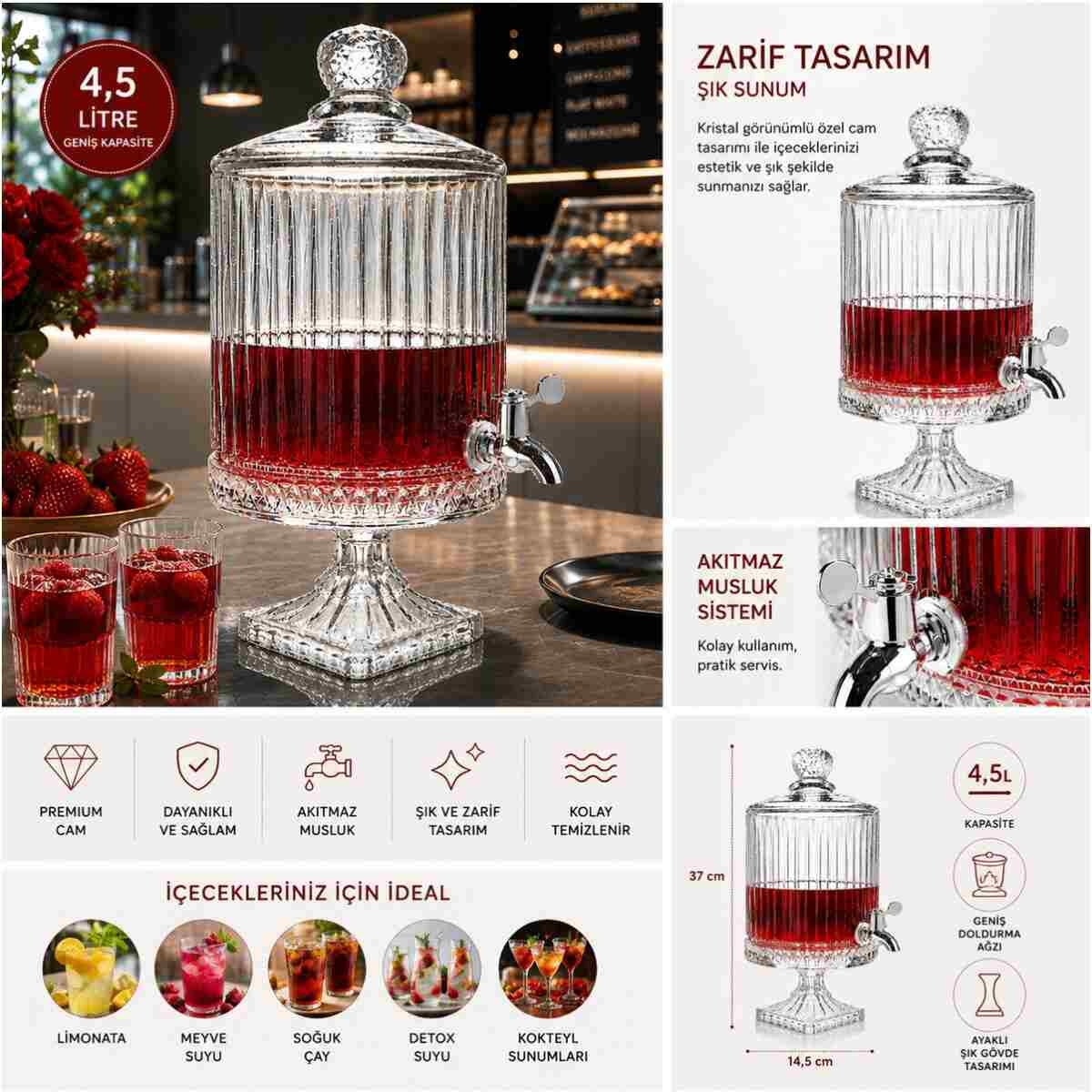 Kosova 4,5 LT Kristal Desenli Lüx Cam Sebil – Musluklu Ayaklı Limonata & İçecek Dispenseri - Görsel 11