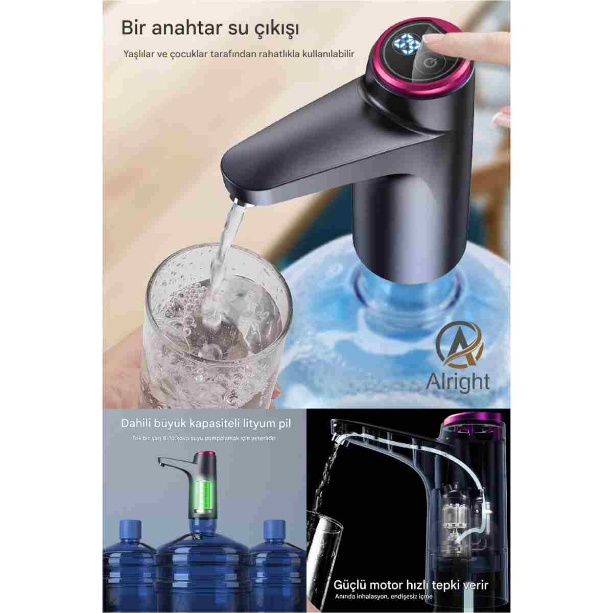 Alright Yeni Nesil Damacana Pompası Tuşlu Limit Ayarlı Su pompası Taşınabilir Tasarım (carboy pump) - Görsel 3