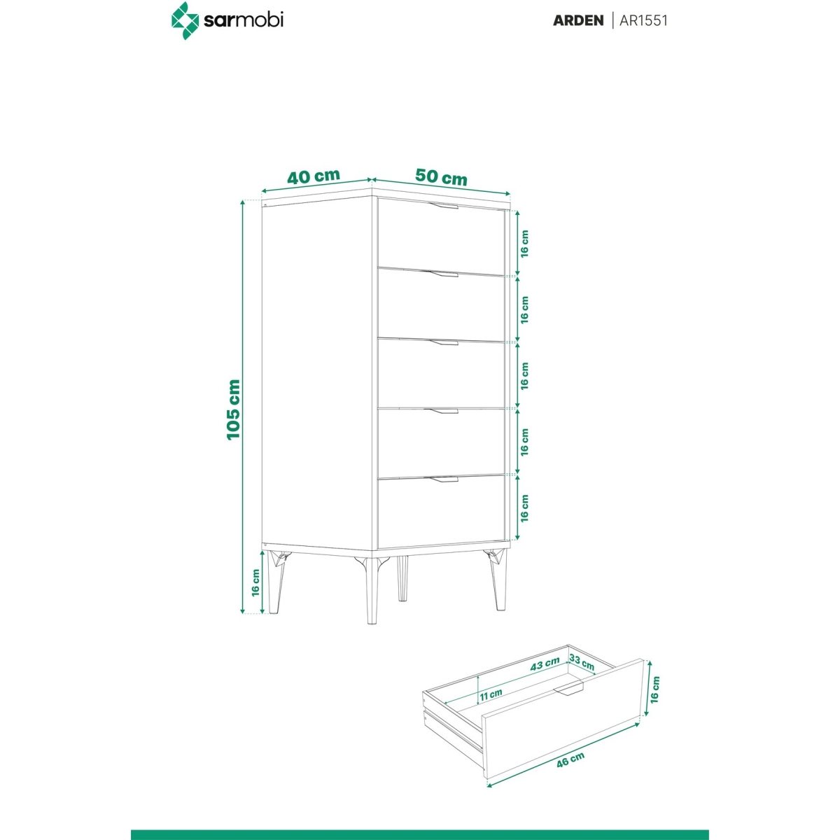 SARMOBİ Arden 5 Çekmeceli Şifonyer/Çamaşırlık 50x105x40 cm Atlas Çam – Modern Tasarım - Görsel 6