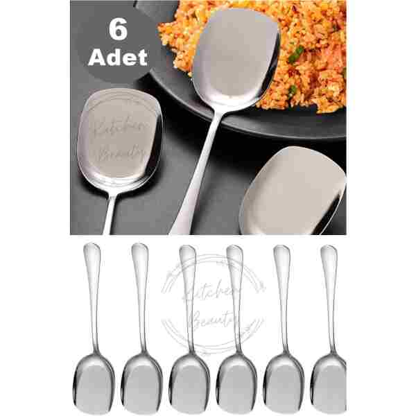 Kitchen Beauty 6 Adet Pratik 21 Cm Paslanmaz Çelik Lüx Servis Salata Kaşığı Spatula | Çelik Yemek Servis Kaşığı