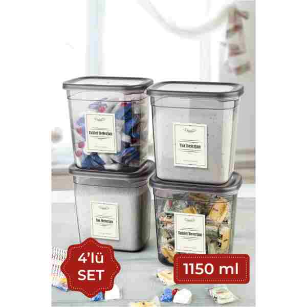 Vienev Etiketli 1150 ml 4lü Peggy Dikdörtgen Deterjan Saklama Kabı Seti Antrasit