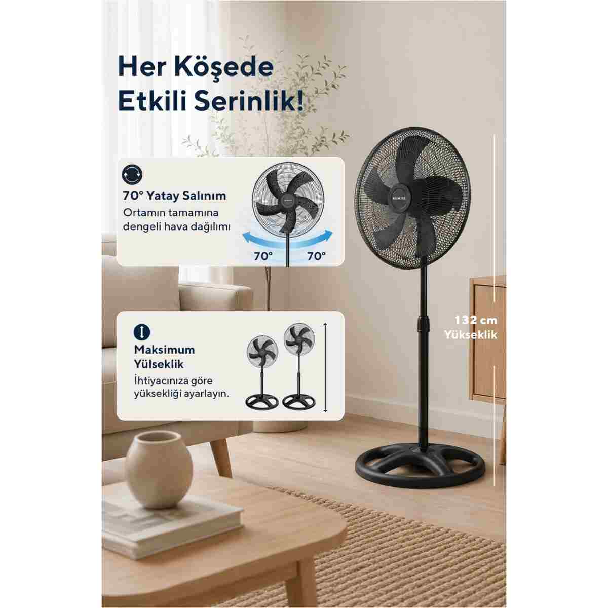 KUMTEL KTF-345 Siyah 18 İnç Ayaklı Vantilatör 60 W, 5 Pervaneli, 3 Kademeli, 132 cm - Görsel 3