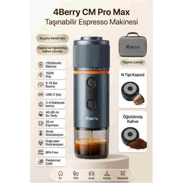 4 Berry CM Pro Max Çantalı Taşınabilir Şarjlı Espresso Makinesi - Kapsül Ve Toz Kahve Uyumlu - Su Isıtma Özellikli