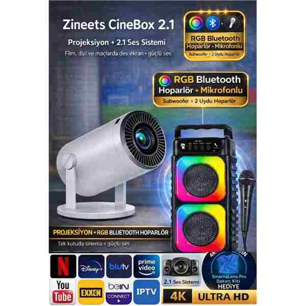 Zineets Taşınabilir Android Projeksiyon + Ses Sistemi Wifi Destekli Akıllı Sinema Projektör Ultra Hd