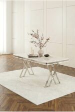 DEREN HOME Rigella Max Krom 80x130 MDF Sabit Masa Metal Ayak + 6 Adet Silinebilir Sandalye ACIK GRI - Görsel 3