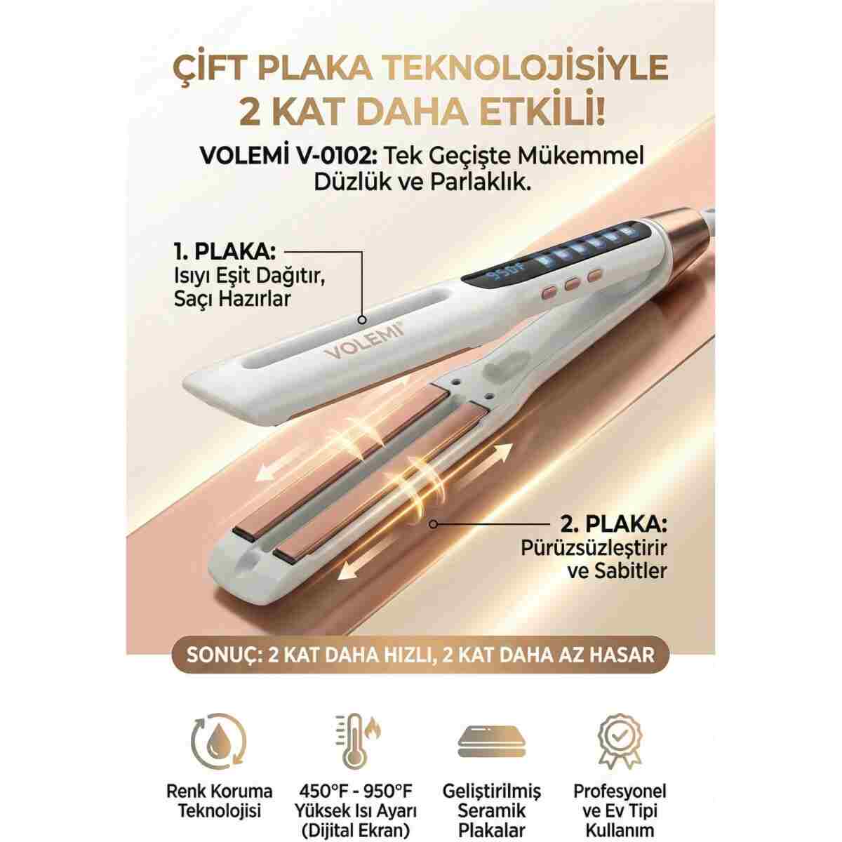 VOLEMİ Vm-004 Profesyonel Seramik Dar Plakalı Saç Düzleştirici Hızlı Isınma Dijital LED Ekran - Görsel 13