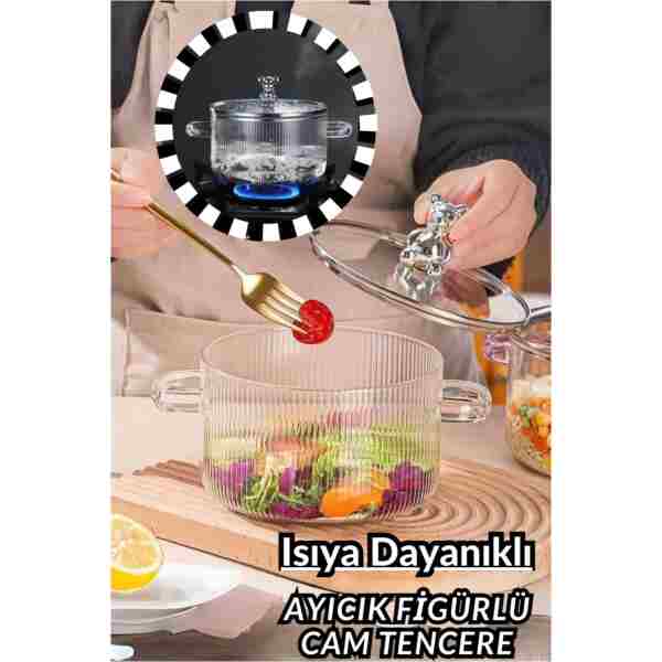 Comprox 1700cc Ayıcık Figürlü Tencere ısıya Dayanıklı|Borosilikat | Termisil Ocak Üstü Cam Tencere-1AD