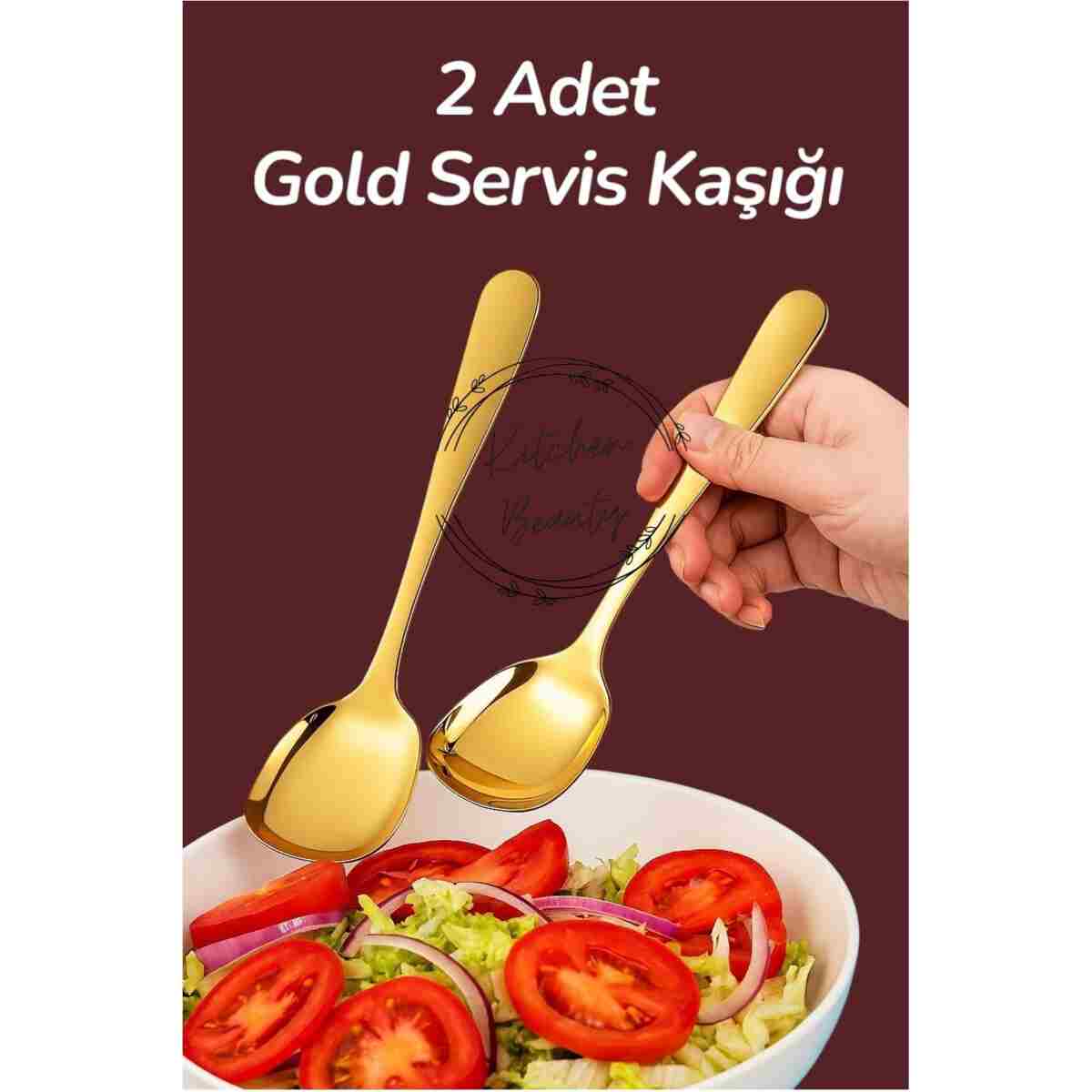 Kitchen Beauty Pratik 2 ADET Paslanmaz Gold Çelik Lüx Servis Salata Kaşığı Spatula Çelik Yemek Servis Kaşığı 21cm - Görsel 2