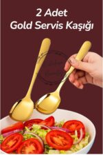 Kitchen Beauty Pratik 2 ADET Paslanmaz Gold Çelik Lüx Servis Salata Kaşığı Spatula Çelik Yemek Servis Kaşığı 21cm - Görsel 2
