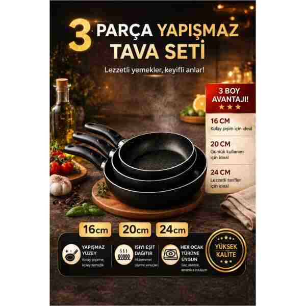sobapark Yanmaz Yapışmaz Teflon Tava Seti 16 20 24 Cm Siyah Renk Teflon Tava Seti Günlük Kullanım Tavası