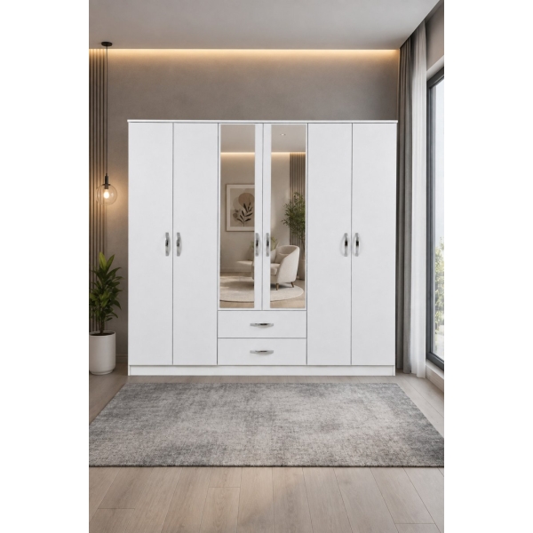 TOCCO MOBİLYA Sezar 6 Kapaklı Aynalı Gardırop Beyaz