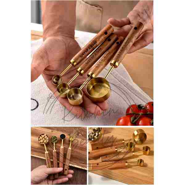 Kitchen Beauty 4 Adet Gold Paslanmaz Çelik Ahşap Saplı Ölçü Kaşığı Seti Ölçü Kabı 1.25ml 2.5ml 5ml 15ml