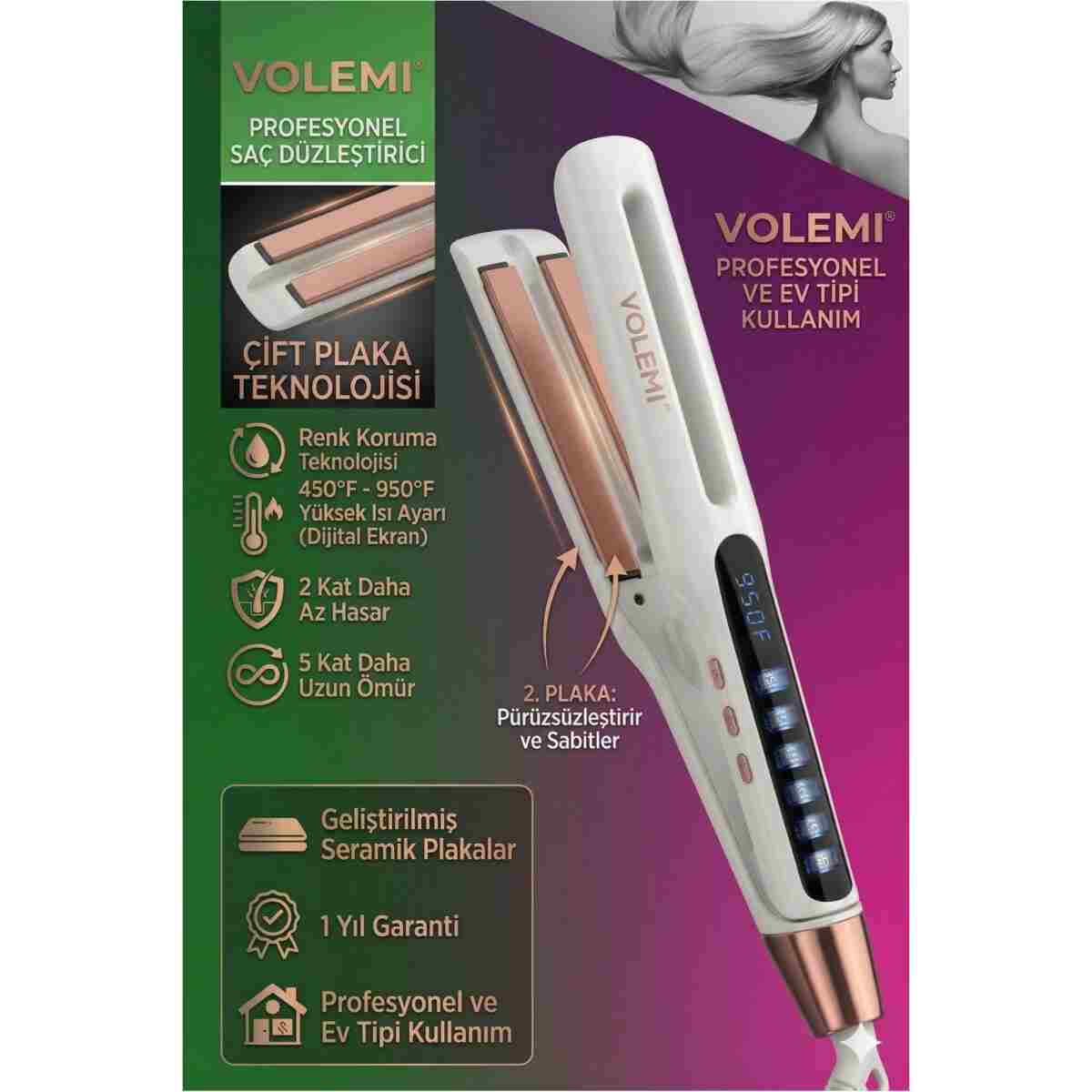 VOLEMİ V-0102 Profesyonel Seramik Çift Plaka Saç Düzleştirici 11 farklı ısı Ayarlı Renk Koruma Teknolojisi - Görsel 2
