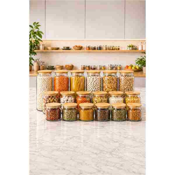 Karçiçeği Home Vakumlu, Bambu Kapaklı 18 Parça Cam Kavanoz Ve Çeyiz Seti 1300-800-500 ml