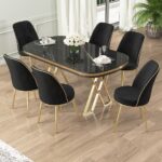 Canisa Lai Serisi 90x168 Lak Panel Sonata Gold Ayak Masa Takımı 6 Siyah Sandalye