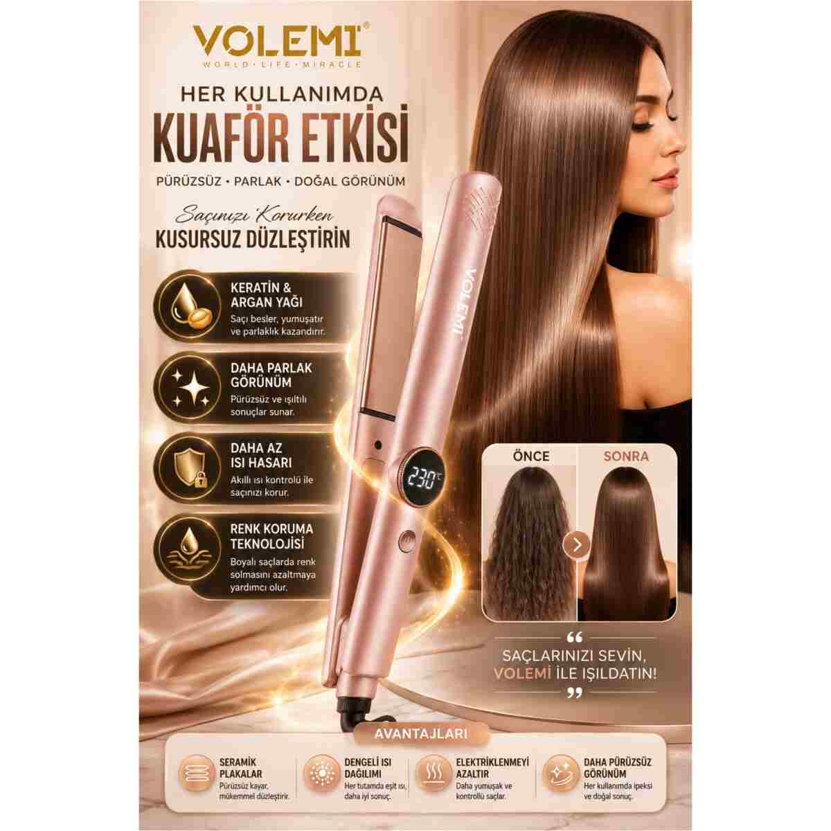 VOLEMİ V-074 Profesyonel Saç Düzleştirici 14 Kademeli Isı Ayarı Dijital LED Ekran Seramik Plaka 100-230°C - Görsel 5