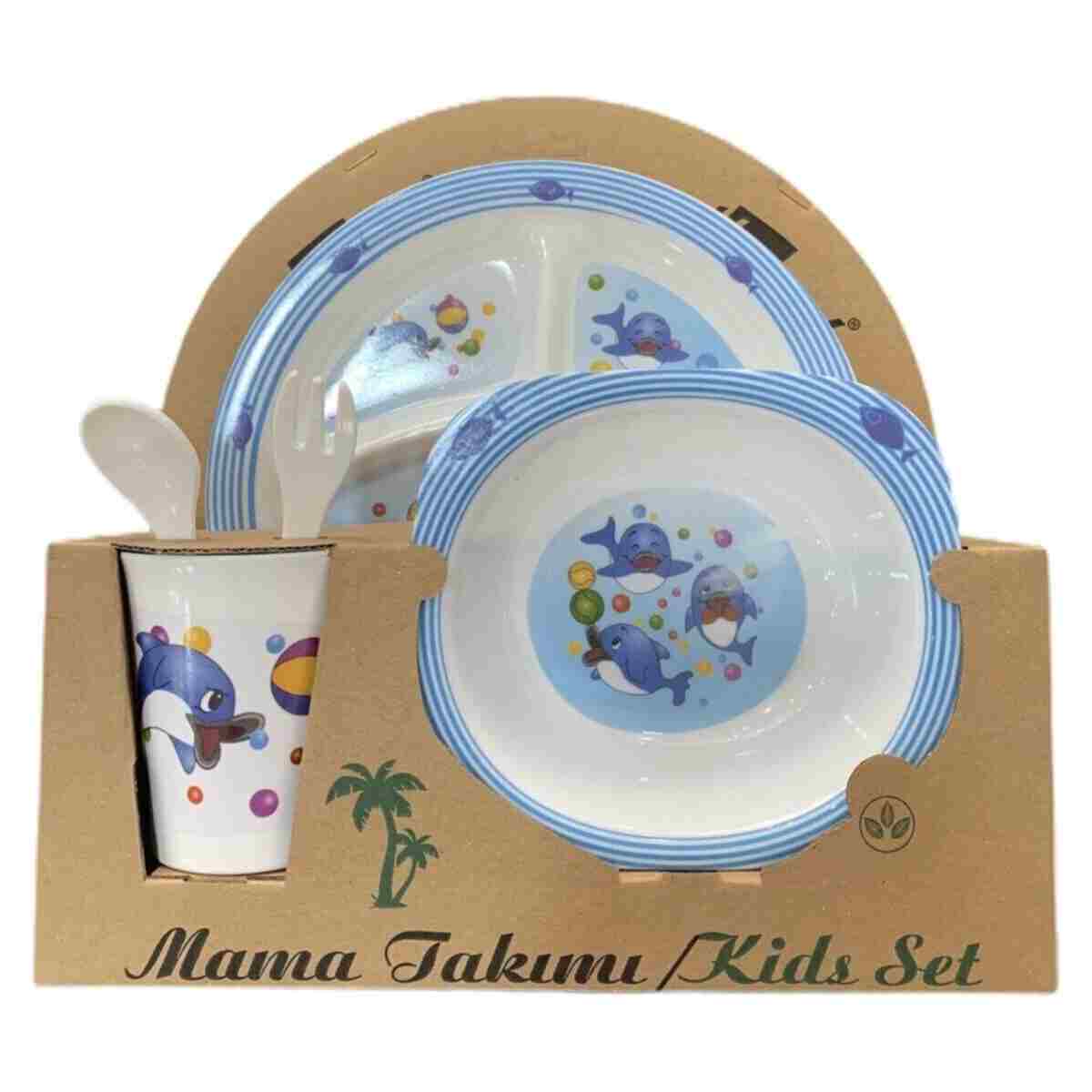 Genel Markalar Melamin Bebek Mama Yemek Tabağı Kabı Bardak Kaşık 5li Set Yunus Desenli - Görsel 4