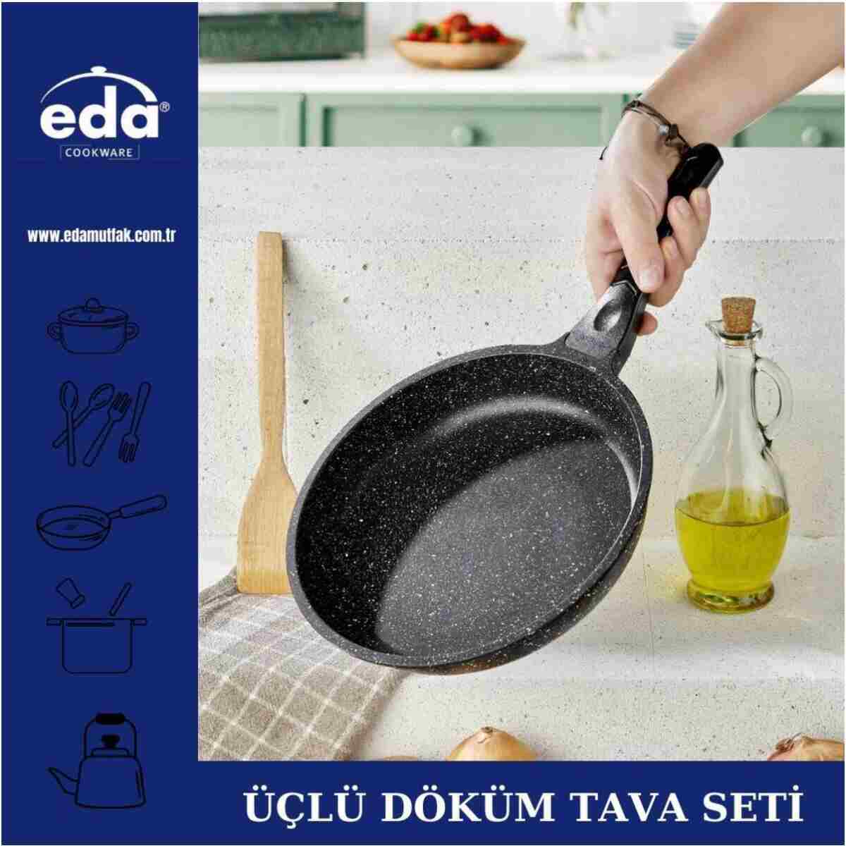 Eda Granit Döküm 3'lü Tava Seti Gri 20-24-28 Cm - Görsel 7