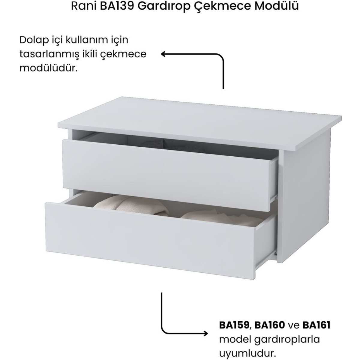 Rani Mobilya Rani BA139 Tamamlayıcı Dolap İçi Çekmece Modülü Beyaz - Görsel 12