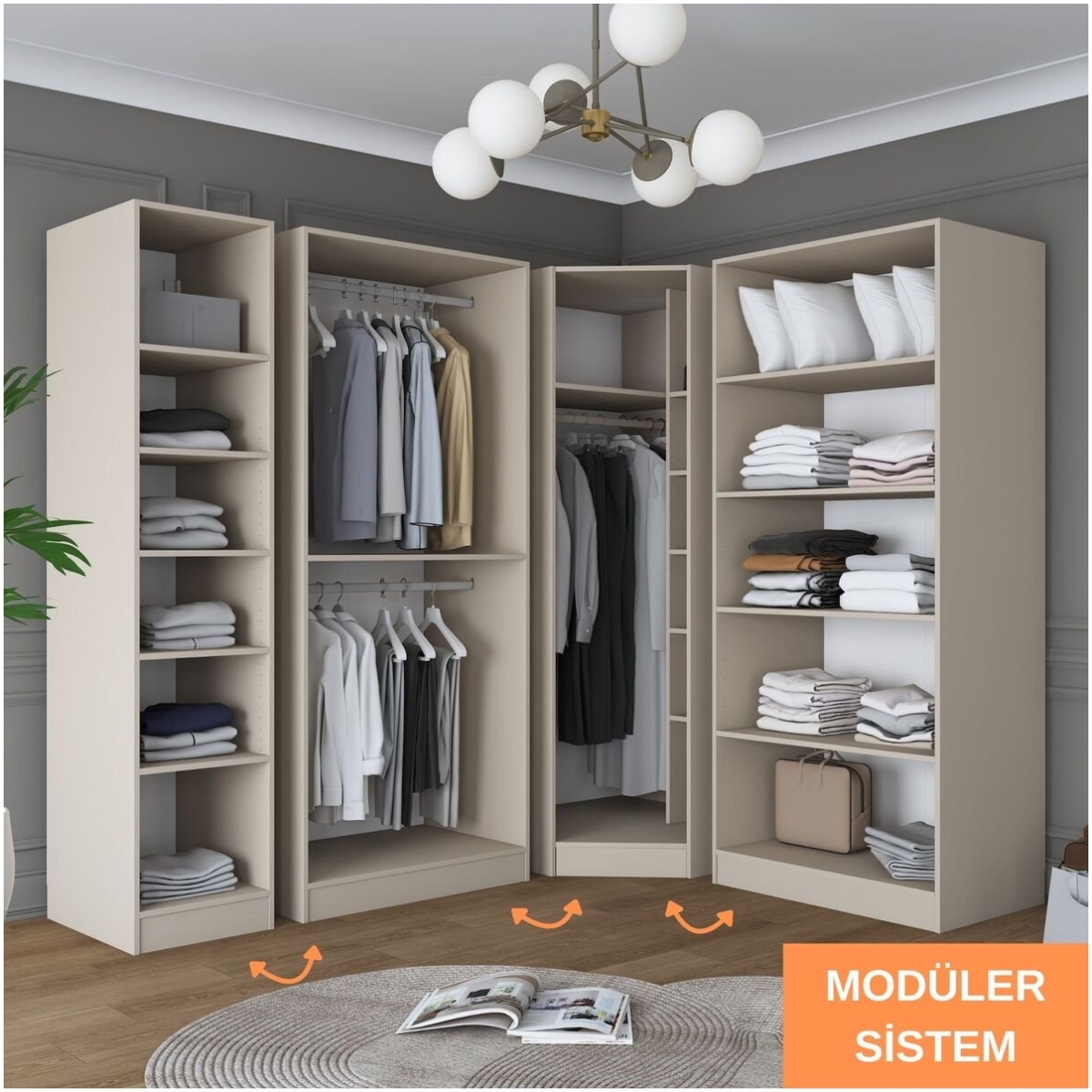 Rani Mobilya Rani BA259 Modüler Köşe Gardırop 6 Kapaklı Raflı Askılı Elbise Dolabı Kumtaşı - Görsel 4