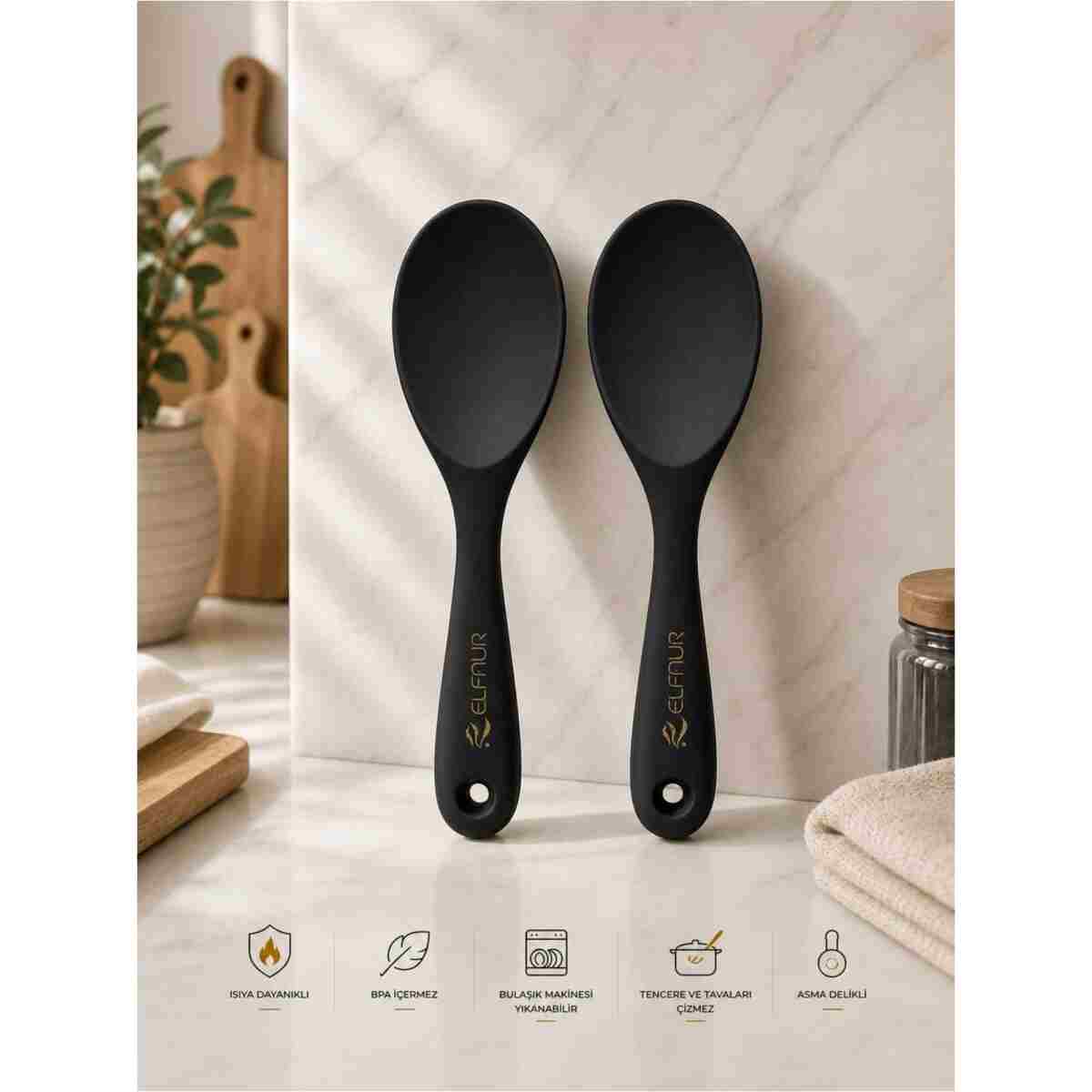 elfnur (2 Adet Ekru Ultra Sert Uçlu Silikon Pilav Kaşığı Yüksek Isıya Dayanıklı Yanmaz Yapışmaz 22 Cm - Görsel 6