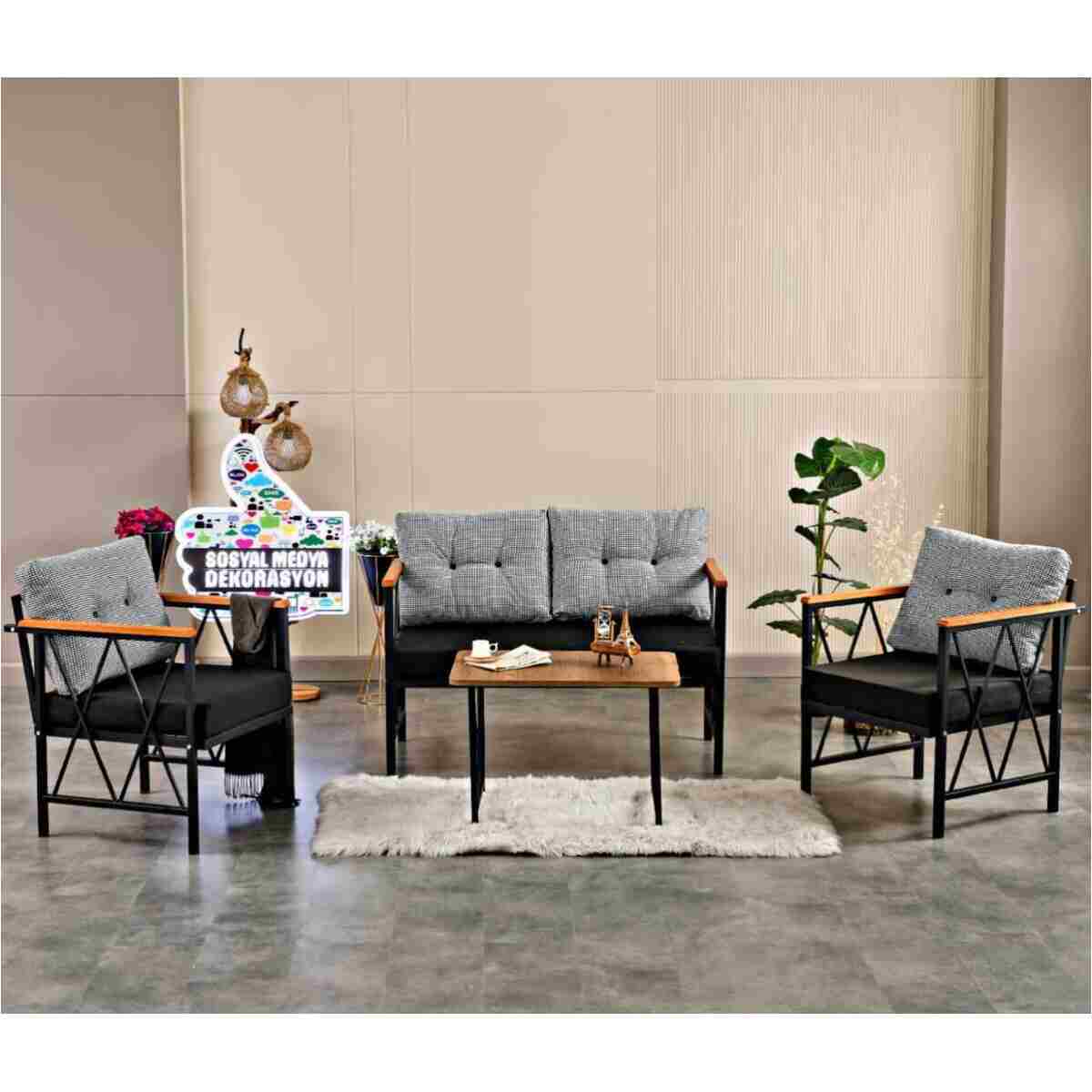 Sosyal Medya Dekorasyon Balkon, Cafe, Ofis, Bahçe Mobilyası, Masa Sandalye, Kanepe Koltuk, 2 1 1 Takım - Görsel 6