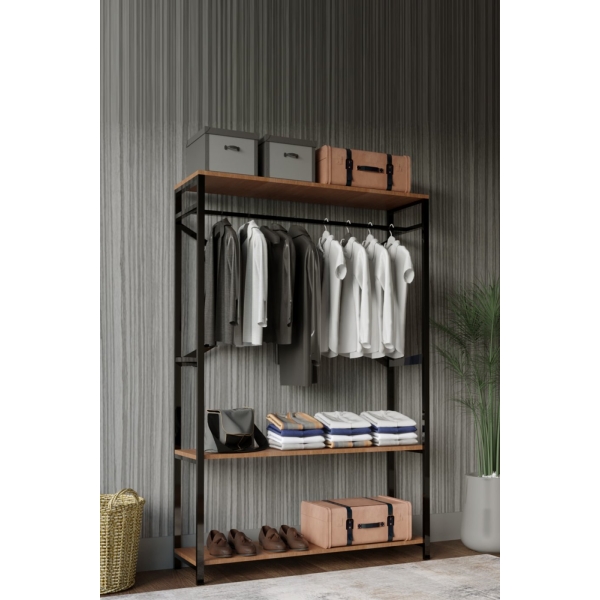 Brady Mobilya Alkor 180x120x35 Metal Masif Ahşap Desenli Yonga Levha Açık Giyinme Dolap Portmanto Askılık
