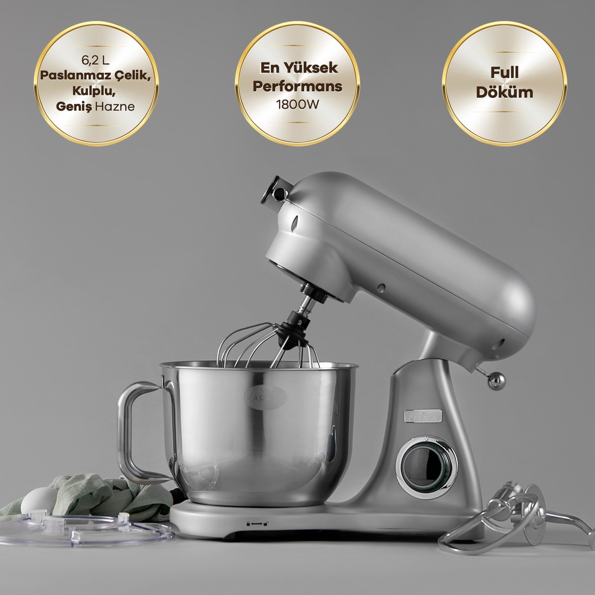 Karaca Powercast Chef Döküm Stand Mikser Silver Mutfak Şefi 1800W 6,2 Lt