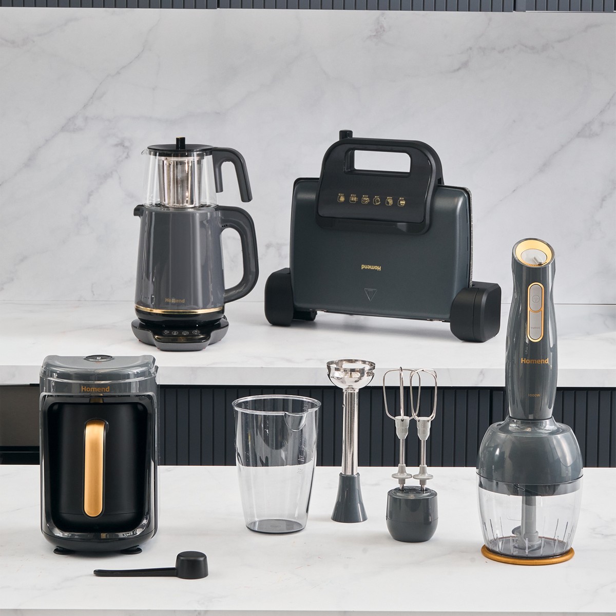 Homend Gold 4'lü Elektrikli Çeyiz Seti Antrasit Renkli Tost, Kahve, Çay Makinesi ve Blender Seti