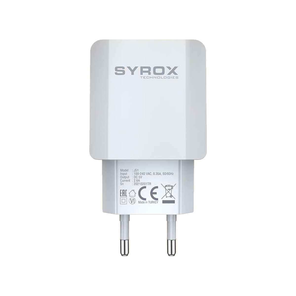 Syrox J51 Hızlı USB Şarj Adaptörü (Başlık) 2.6A Beyaz Ev Şarj Adaptörü Güvenli ve Hızlı Şarj