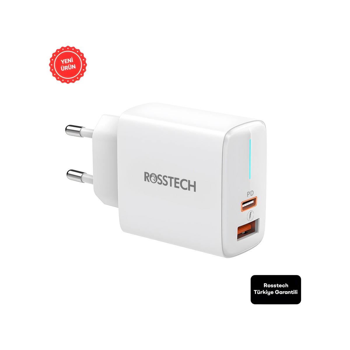 Rosstech 20W Pd LED Göstergeli Ultra Hızlı Şarj Adaptörü Usb-C Pd 20W + Usb-A Quick Charge 3.0 Dual Port (Rosstech Türkiye Garantili)