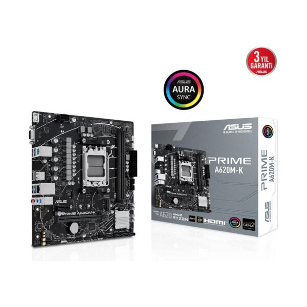 ASUS PRIME A620M-K AMD A620 AM5 DDR5 6400 HDMI, Analog M2 USB3.2 AURA RGB mATX