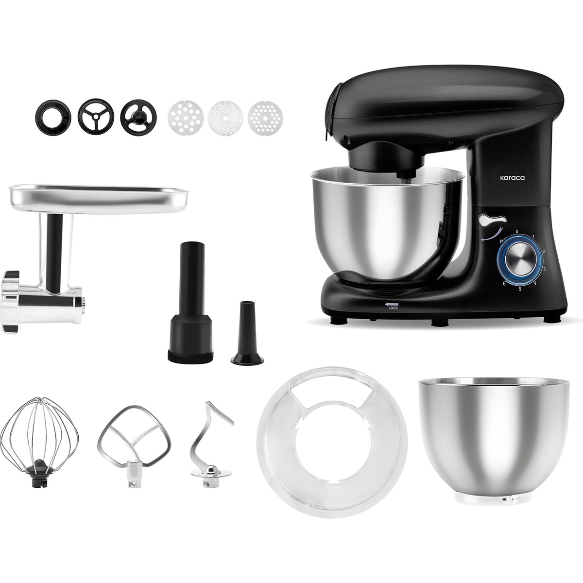 Karaca Multichef Stand Mikser Shiny Black Mutfak Şefi 1900W 5,5 Lt (Kıyma Çekme /sucuk-Sosis/içli Köfte Aparatlı)