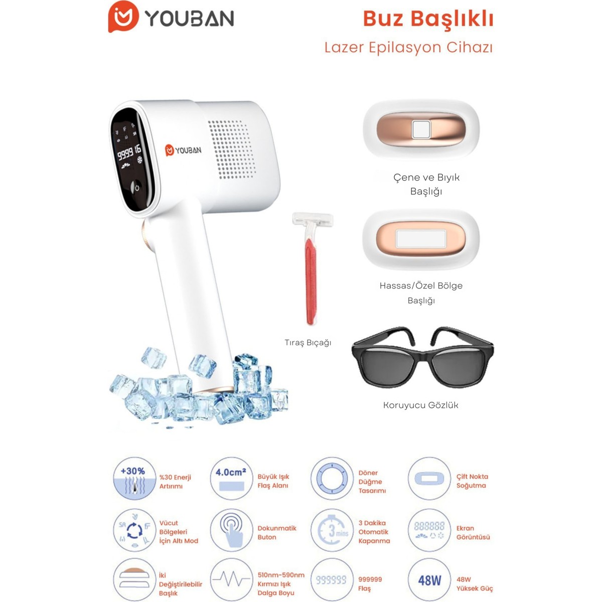 Youban Buz Lazer Epilasyon Cihazı 999.999 Atım Beyaz Renkli Hassas Bölge Kullanımı İçin