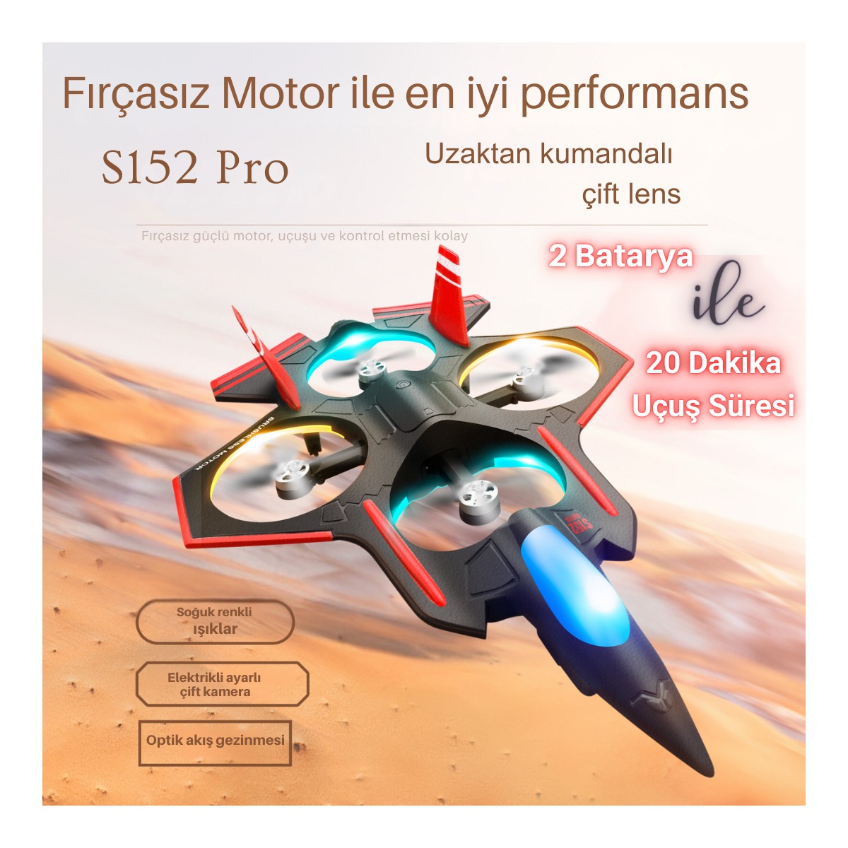 Piha S152 Drone Fırçasız Motor 2 Batarya Ile 20 Dakika Uçuş 720P Hd Kamera Işıklı Drone