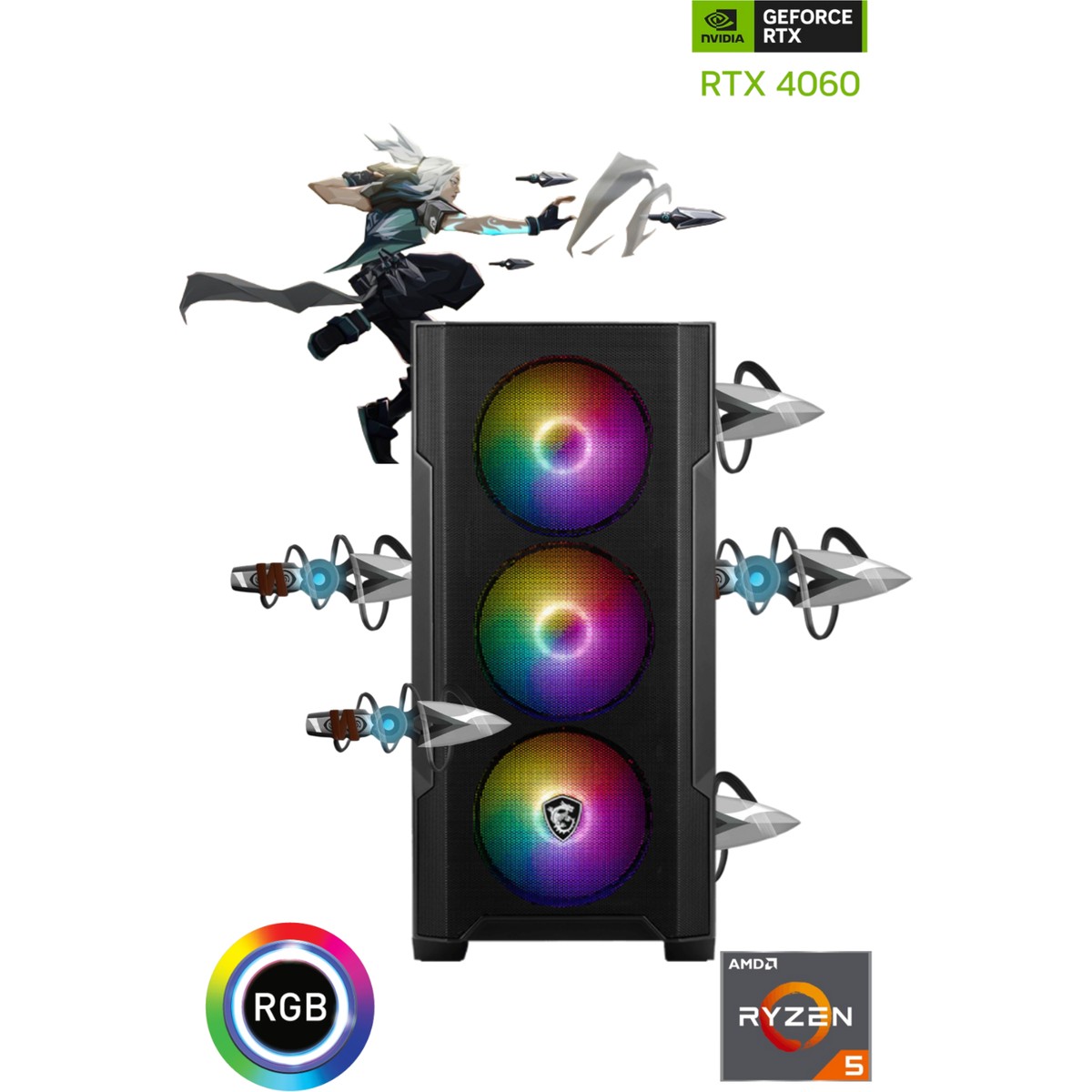 Güneysu Gaming R5-4060 Ryzen 5 7500F  16GB DDR5 1tb SSD  Rtx 4060 8 GB 240mm sıvı soğutma B650M Anakart  Oyun Bilgisayarı