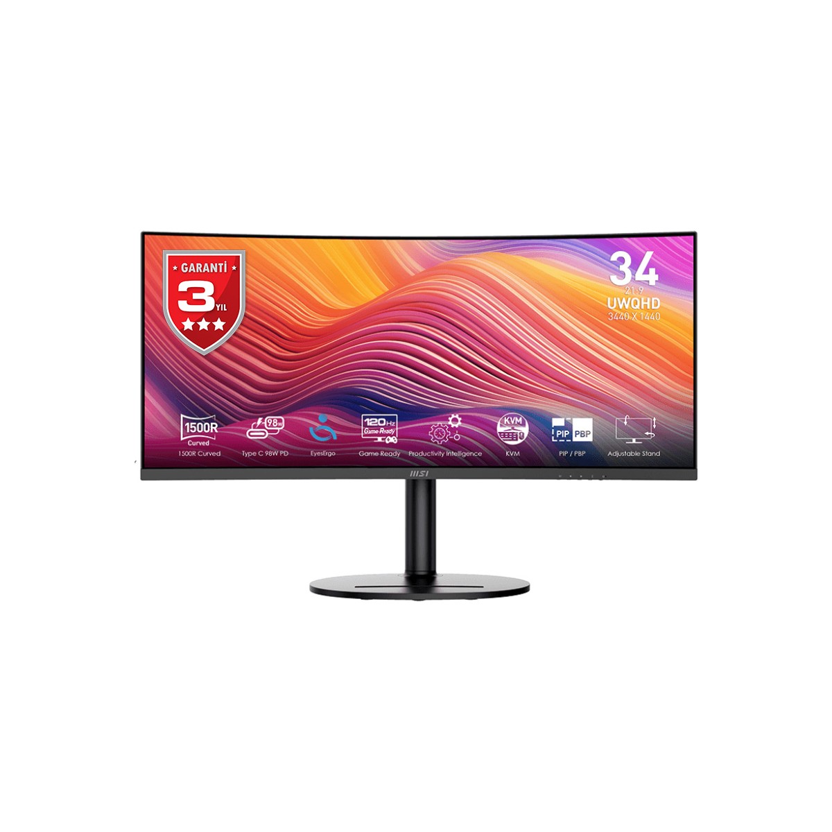 MSI Msı 34" Modern MD342CQP 3440X1440 (Uwqhd) Curve 1500R Va 120HZ 1ms Adaptıve-Sync Type-C Monıtor