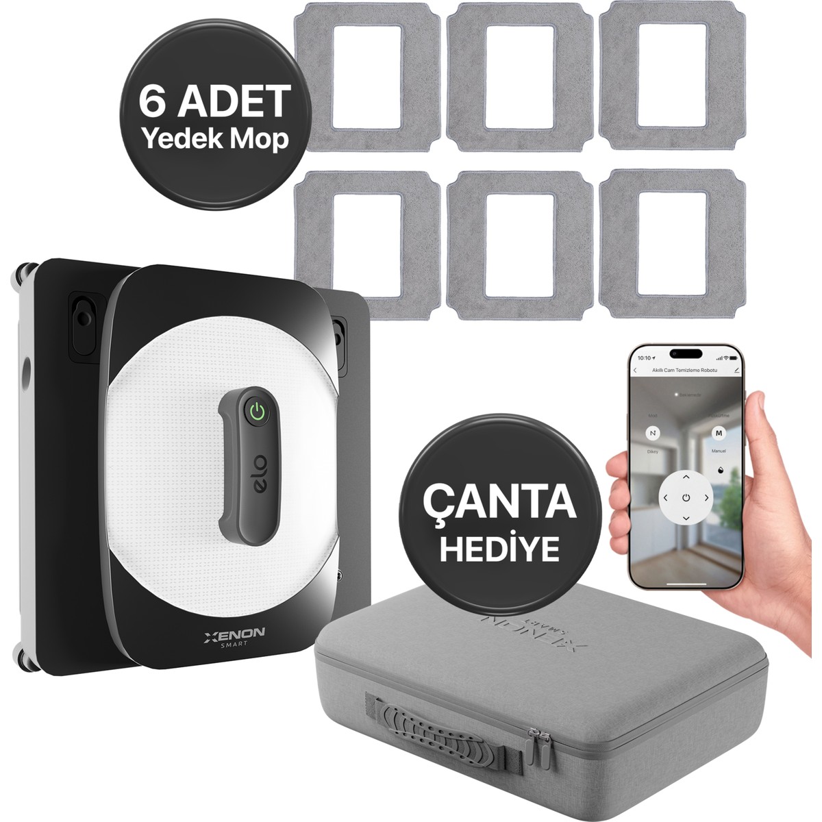Xenon Smart Cam Silme Robotu (Elo) ve 6 Adet Mop | 2'li Set, Kumandalı, 3 Modlu, Mobil Kontrol