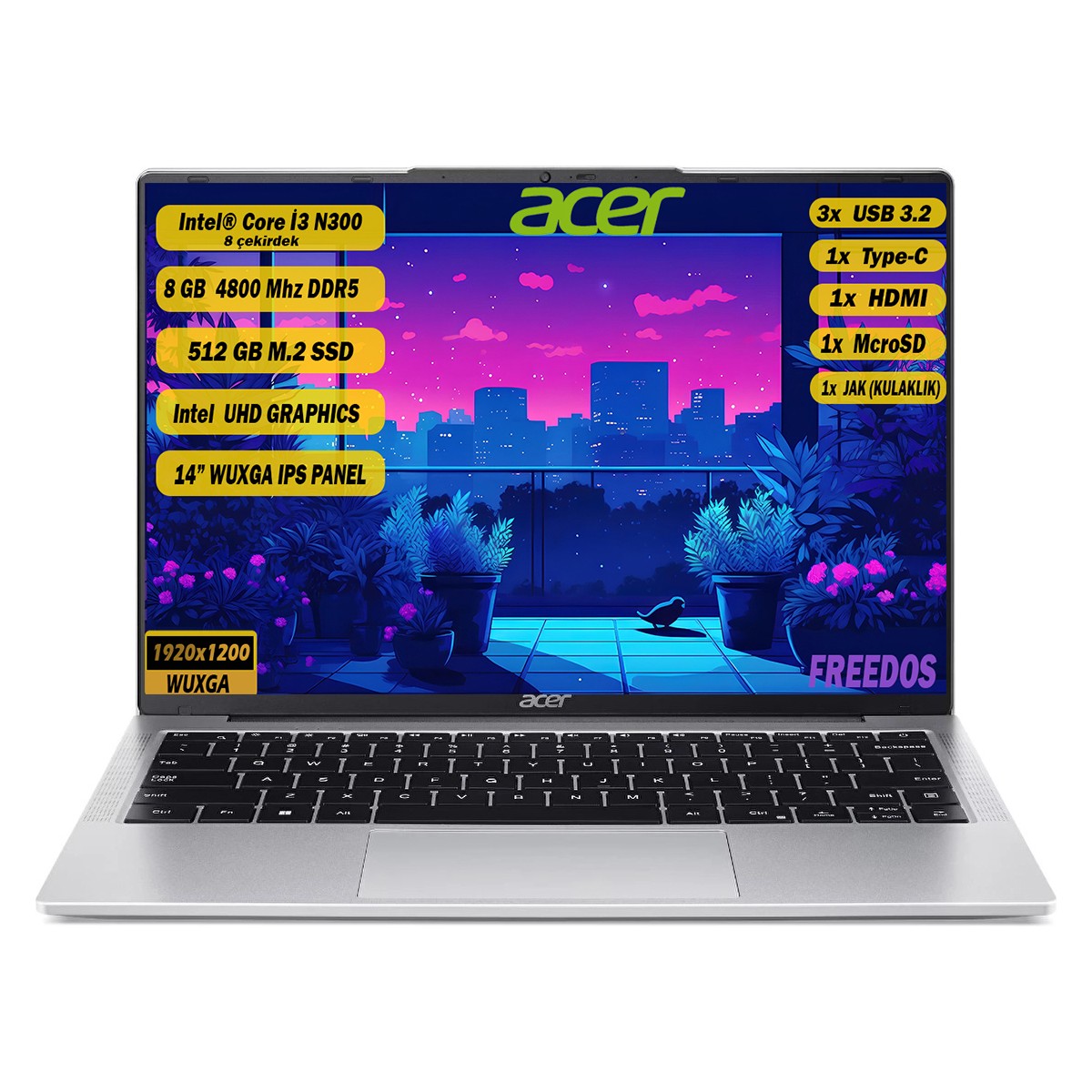 Acer Aspire Intel Core i3-N300 8 GB 512 GB SSD Freedos 14" WUXGA IPS Taşınabilir Bilgisayar NX.KS9EY.002